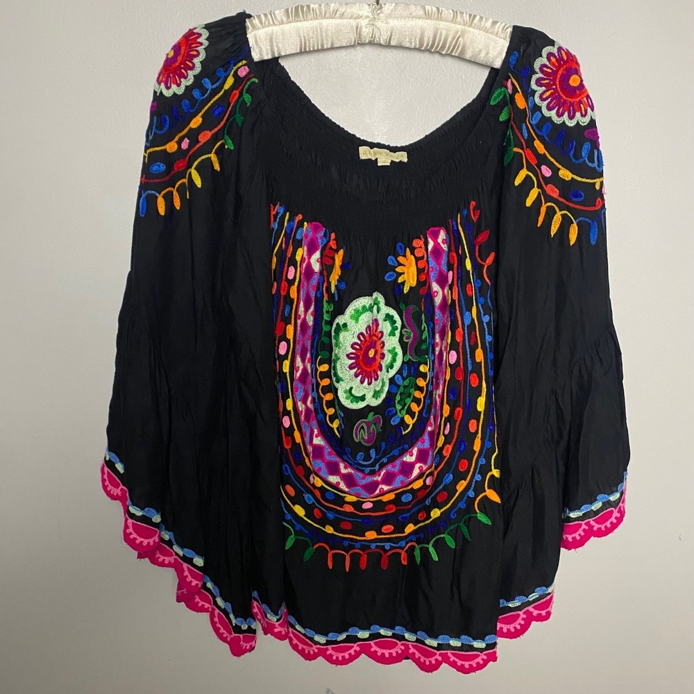 Ruby Yaya Black Embroidered Top Womens Small Boho Festival Artsy Gypsy Whimsical - Picture 3 of 11